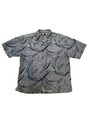 Tommy Bahama Shirt Men XL 100% Silk Short Sleeve Button Down Gray Black Leaf